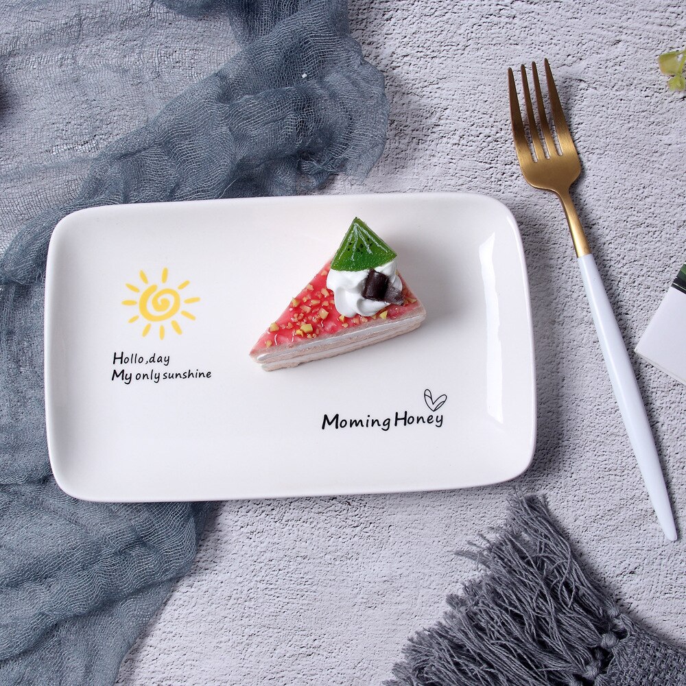8 Inch Square Cute Ceramic Plate Unique Dinner Set Dish Dessert Plate Dinnerware Cake Tray Good Morning