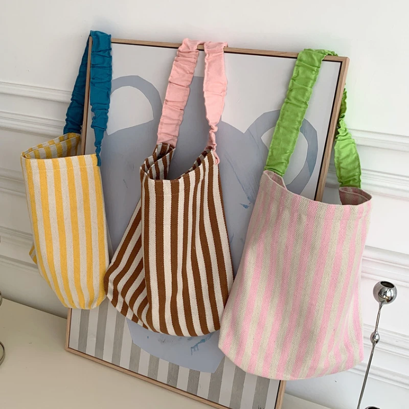 Sacs à bandoulière à rayures de couleur contrastée pour femmes, fourre-tout Simple en toile pour livres d'université pour filles, sac de Shopping décontracté, sacs à main de voyage
