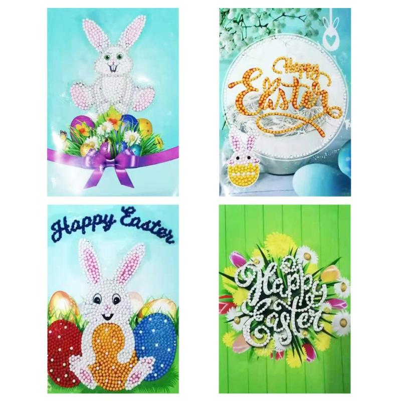 4Pcs 5D DIY Diamond Painting Greeting Cards Wish Easter Party Cards Craft for Kids Decoration