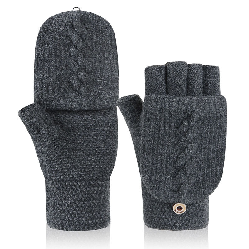 Vinter mænds jacquard fingerfri flap uld strikkede handsker sport fitness elastisk berøringsskærm tykkere varm kørsel mittnes  l42l: Mørkegrå