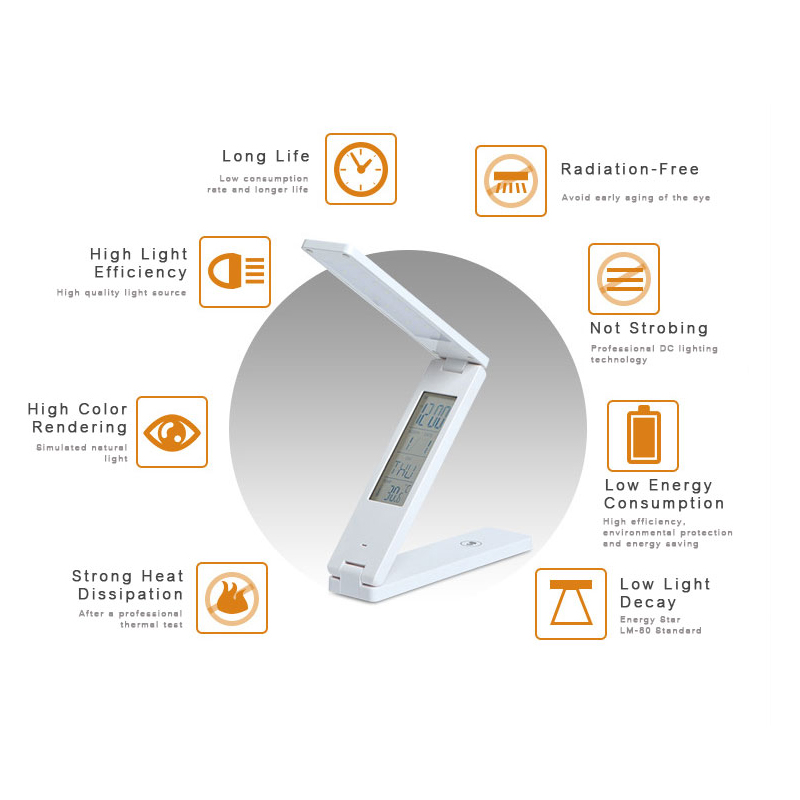 Woodpow LED USB 5V Folding Table Lamp Chargeable Desk Lamp Calendar Alarm Clock Book Lamp Eye Protection Portable Learning Lamp