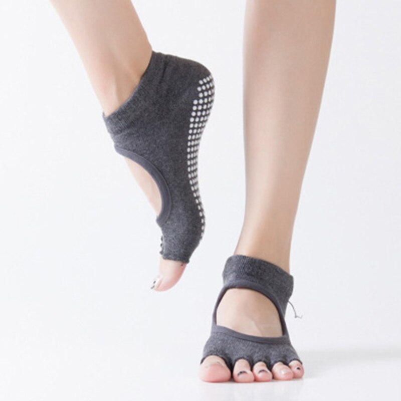 Damskie skarpetki robić jogi antypoślizgowe pięć palców bez pleców silikonowe antypoślizgowe 5 skarpetki z palcami balet siłownia sportowe poliestrowe skarpetki: Open toe ciemny szary