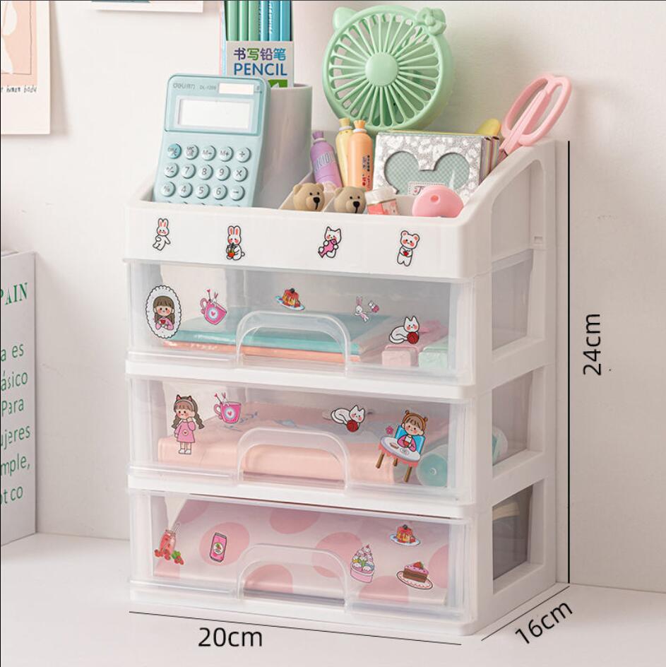 Cute Multi-storey Drawer Desktop Organizer Desk Storage Box Free Sticker home Transparent Desk Stationery office Accessories: Small -3 layer