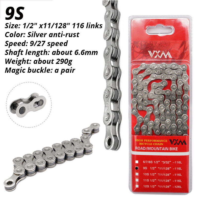 VXM ZSC-Cadena de plata antioxidante para bicicleta, eslabón rápido básico de 116L, 6, 7, 8, 9, 10, 11, 12 velocidades, SHIMANO HG53, HG54, HG601, M6100: 9 Speed