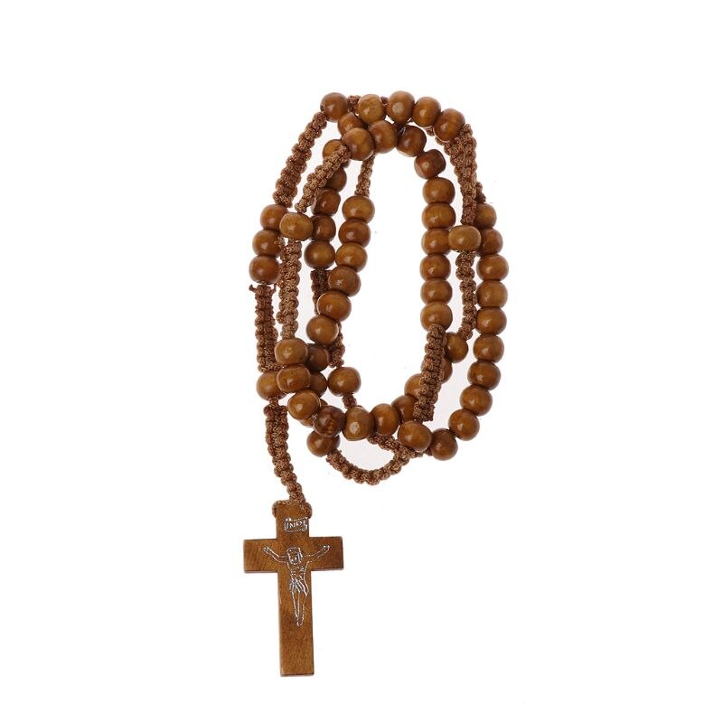 Houten Kralen Rozenkrans Kettingen Met Jezus Opdruk Kruis Religieuze Jesus Sieraden: D