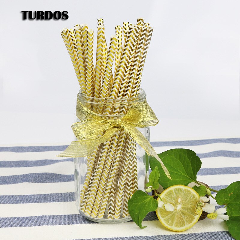 Turdos Biologisch Afbreekbaar Goud Papier Rietjes Bulk, 25-Pack/100-Pack Wegwerp Rietjes Voor Verjaardag/Bruiloft/Baby Shower/Feestartikelen