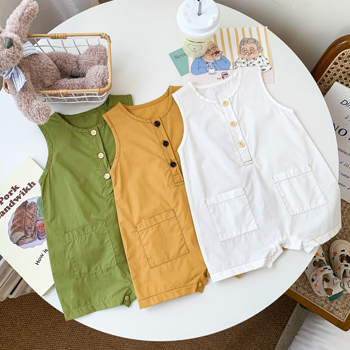 1563B Baby Clothes 2022 Summer New Buttoned Sleeveless Boy&#39;s Straight Climbing ClothesThin Solid Color Baby Girl Bodysuit