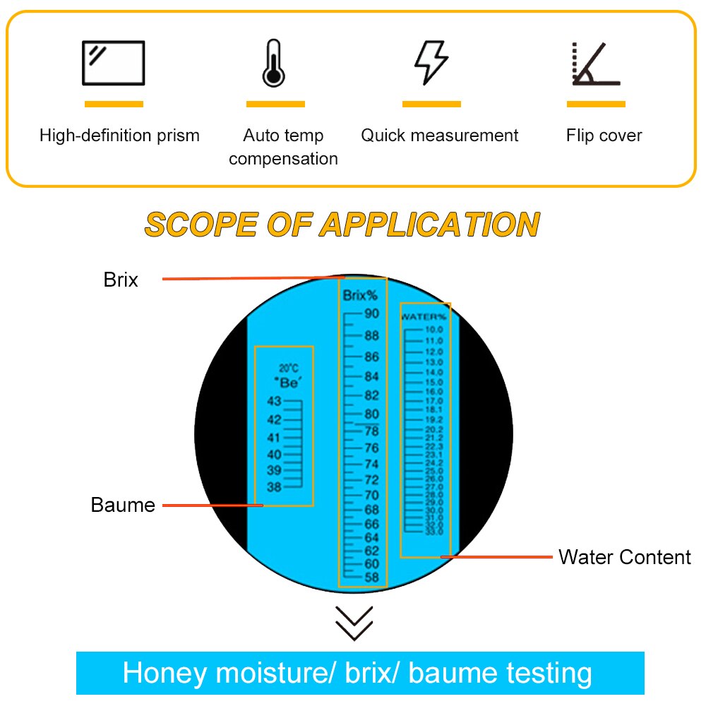 3-in-1 Handheld Honey Refractometers for Honey Moisture & Brix & B-aume Beekeeping Honey Refractometer Water Content Meter