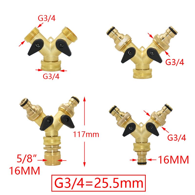 Messing 2-- vejs havehane vandfordeler 3/4 "han og vandingsventil haveslange splitter vanding 1 stk
