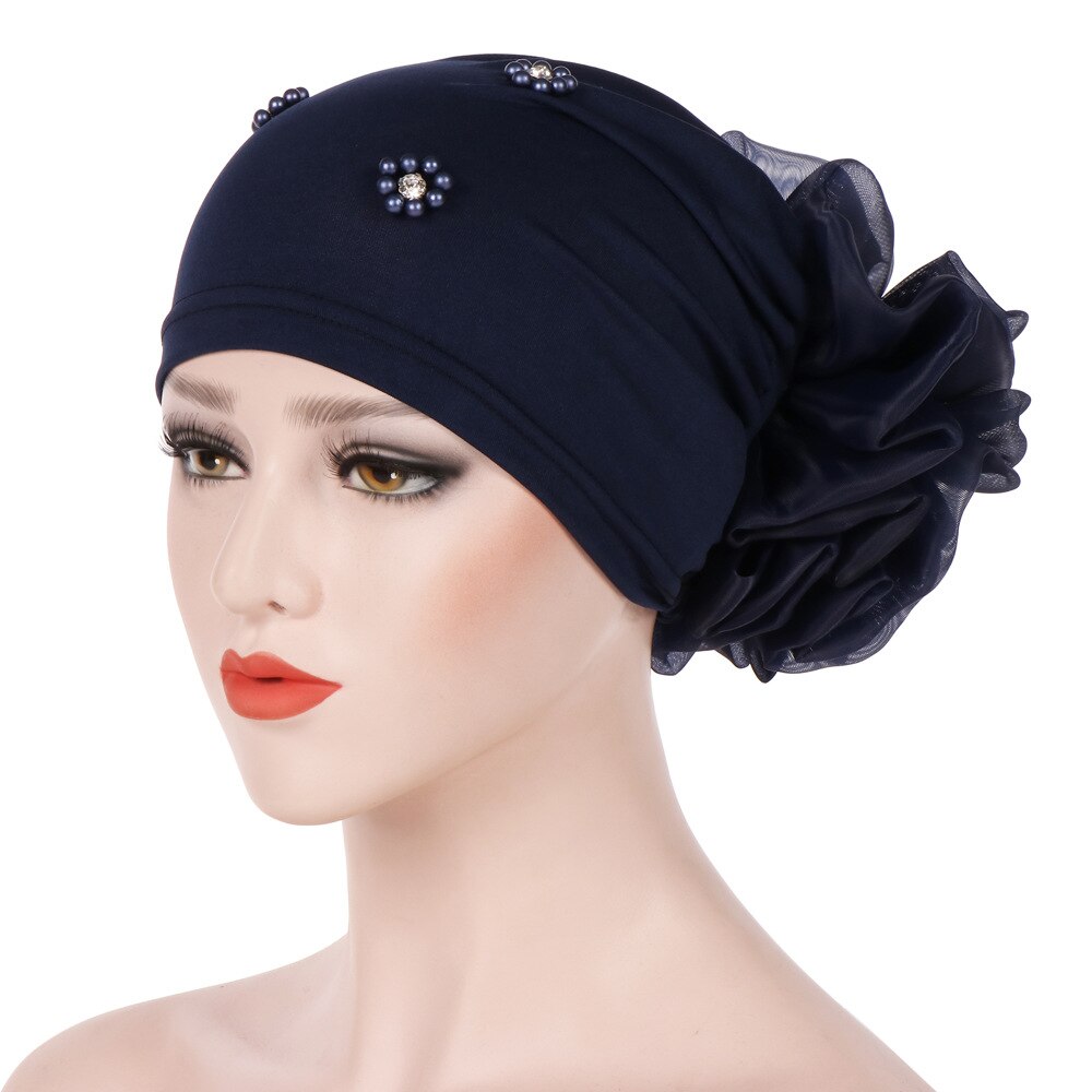 Braid Faux Pearl Muslim Women Turban Hat Solid Color Cap Hijab Headwrap: Black