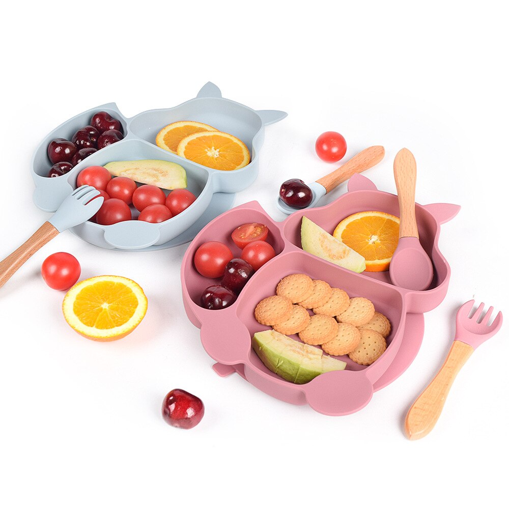 Baby Feeding Set Blue Silicone Suction Plate Squirrel Shape Self Feeding Training Stay Put Plate Soft Spoon Fork Dish Kit