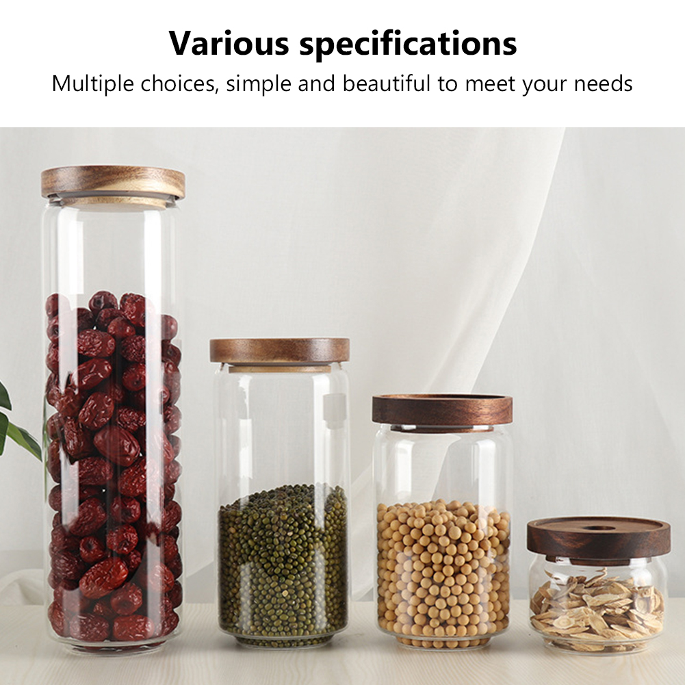 Food Storage Jar Wood Lid Glass Airtight Canister Kitchen Storage Bottles Jars Food Container Grains Grains Candy Jar Containers