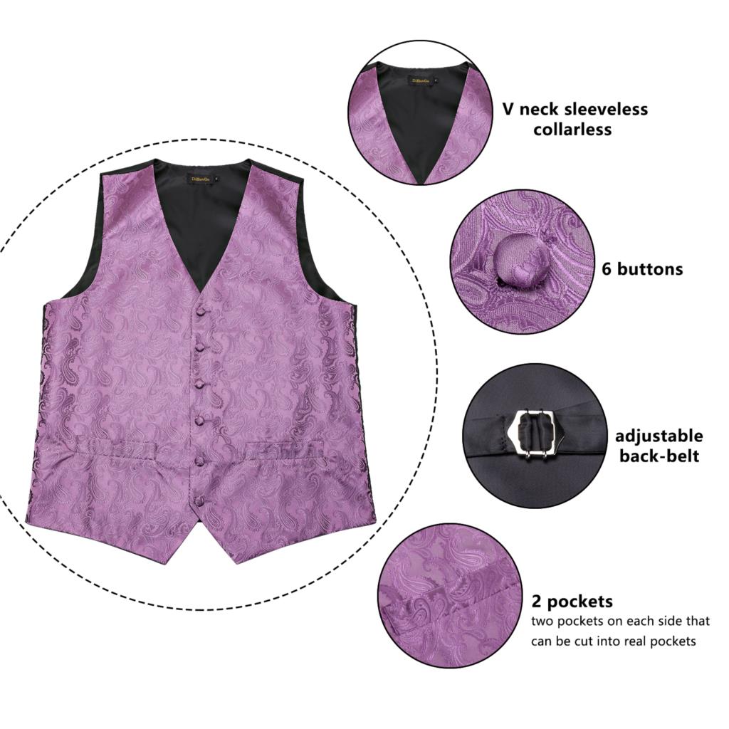 Gilet Paisley violet en soie pour homme, boutons de manchette, nœud papillon, cravate, ensemble pour costume, smoking DiBanGu, MJ-111