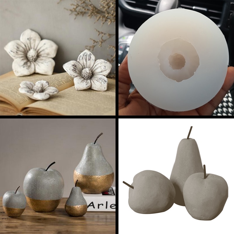 Flores de simulación de hormigón, decoración del hogar, molde de silicona, molde de decoración del hogar de fruta de cemento, molde en forma de pera de manzana de yeso
