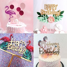1pc tillykke med fødselsdagen kage topper farverig akryl unicorn flamingo blomster ballon til unicornio fest dekoration dessert