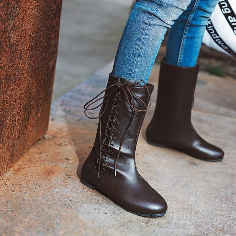 Vrouwen Laarzen Pu Leer Lace Up Retro Casual Dames Booties Gladiator Lage Hak Schoenen Dames Mode Botas Mujer Invierno TW574