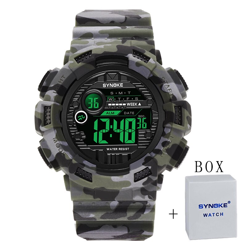 SYNOKE-reloj deportivo para hombre, cronógrafo Digital, resistente al agua, con pantalla Led: Camouflage And Box