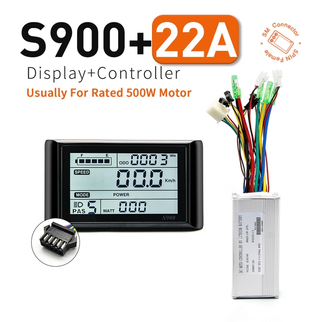 Ebike 250W 500W Controller and LCD Display 36V 48V LCD866 LCDGD01 LCDS900 Electric Bicycle Bike Display Controller: S900 22A SM Plug