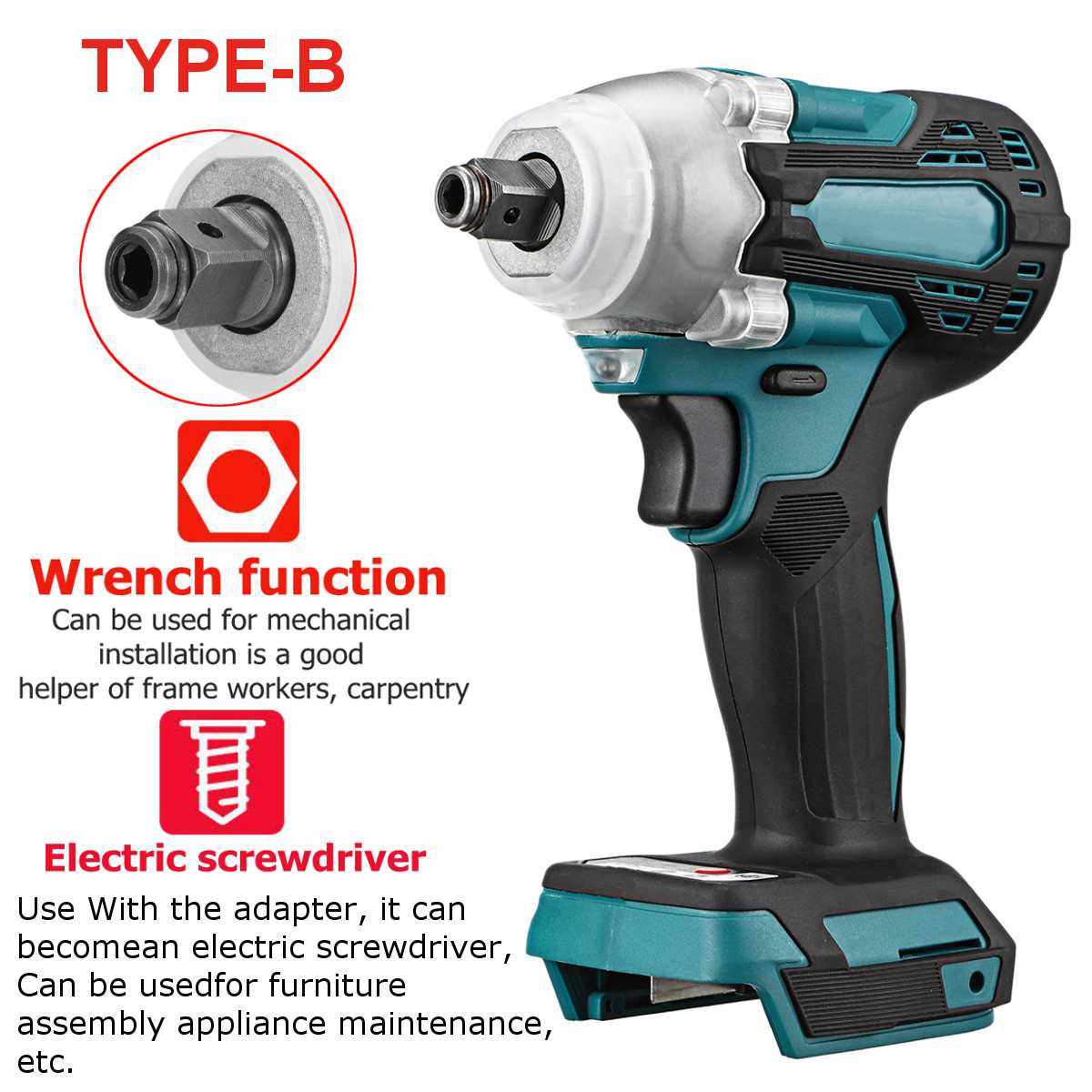 18v 800n. m ledningsfri elektrisk slagnøkkel motor 1/2 "firkantet børsteløs oppladbar skiftenøkkel led -lys for makita batteri: Type b