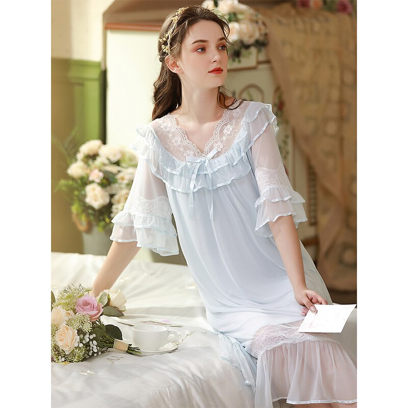 Camisón Vintage para mujer, vestido de noche romántico de princesa de encaje de malla de hadas, ropa de dormir victoriana larga, camisón de verano