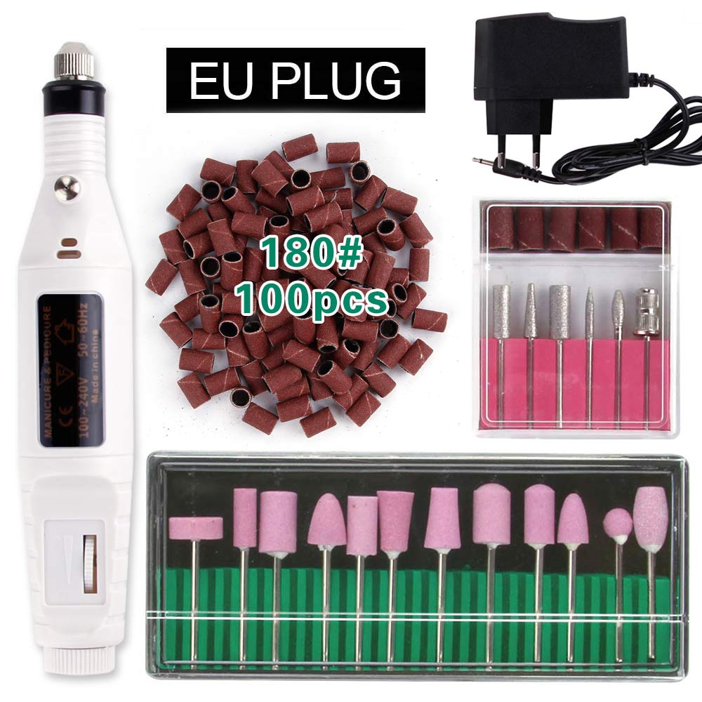 Elektryczne aparaty do Manicure urządzenie do Pedicure kwarcowe wiertła do paznokci 100Pc szlifowanie taśmy szlifierskie pilnik do paznokci bufor żel usuń: White EU Plug 180