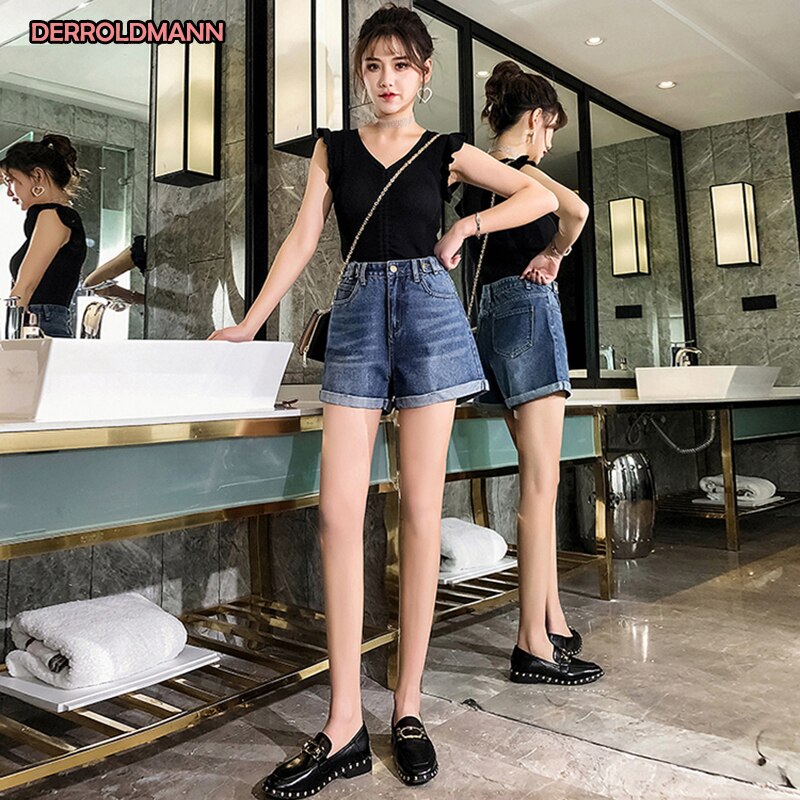 High Waist Ladies Jeans Sexy Short Pants Straight Denim Washed Cuffs Bleached Jeans Women Cotton Denim with Pocket
