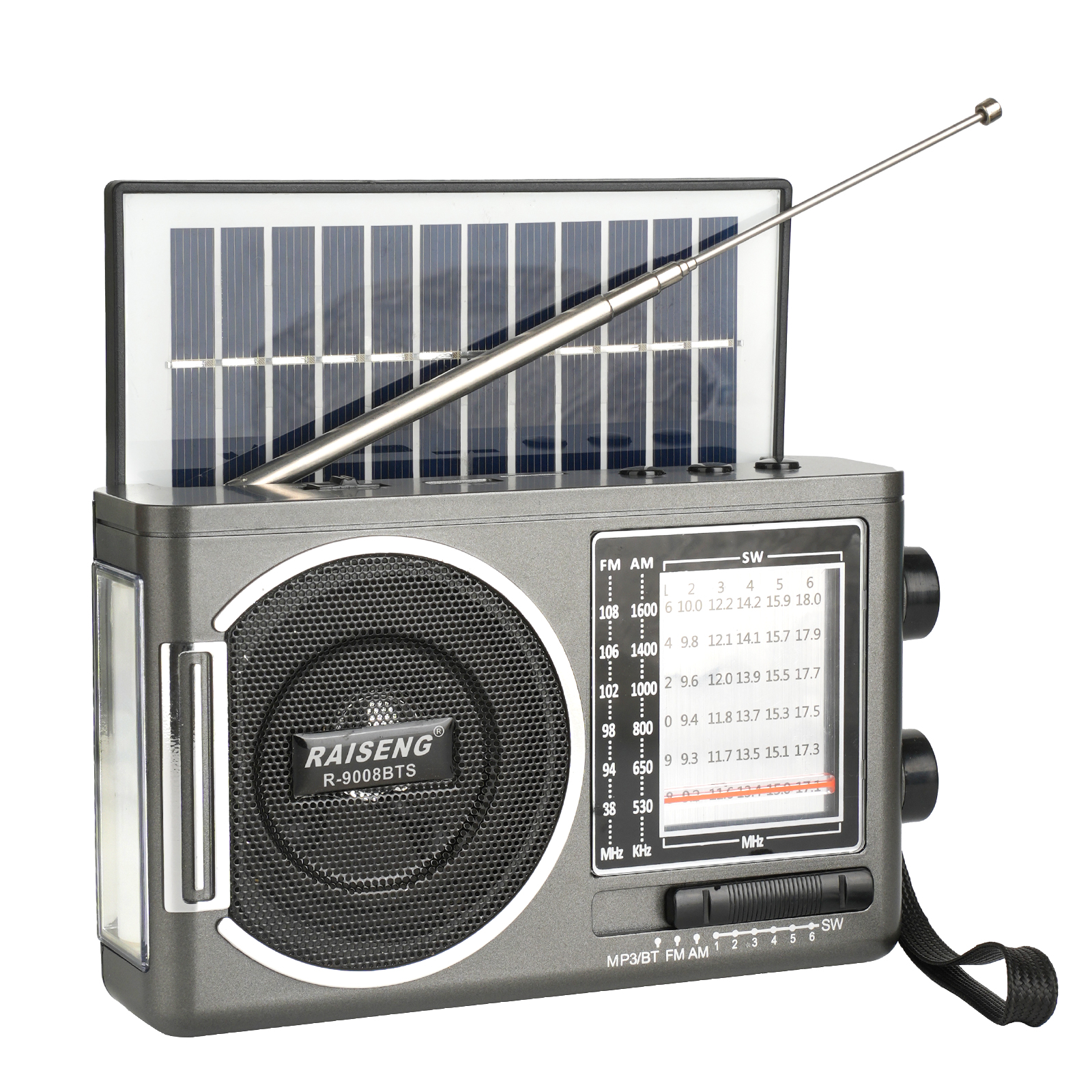 9008BTS classic solar radio, AM/FM speaker, USB/TF card interface, 3 charging methods, suitable for outdoor activities: Silver