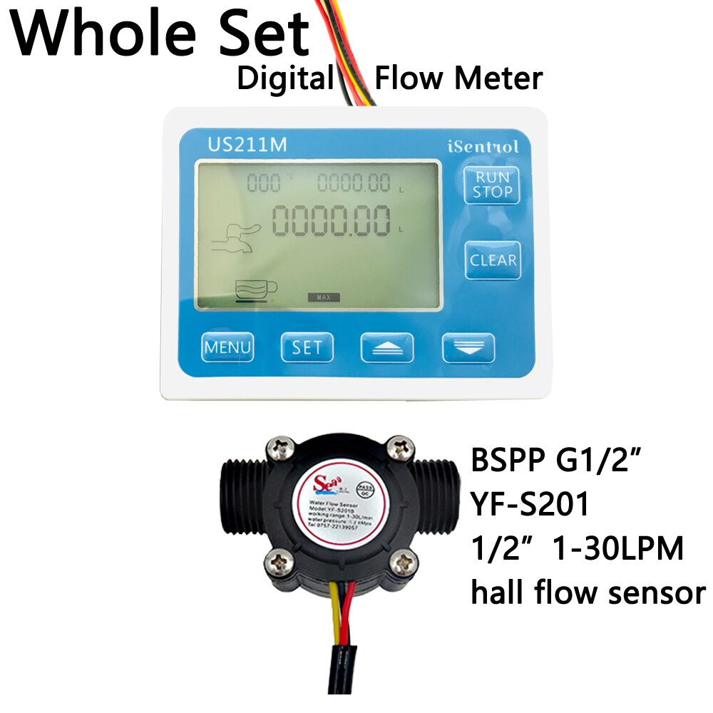 US211M Digital Flow Meter Totalizer Flow Measurement with YF-S201 Nylon Water Flow Sensor G1/2" Turbine Flowmeter iSentrol