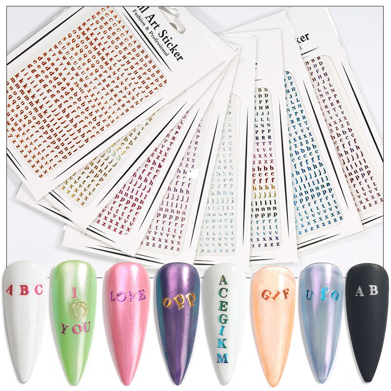 8 Kleuren Optioneel Brief Nail Sticker Kleuren 26 Alfabet Manicure Art Decorations Decals Foil Nail Sticker