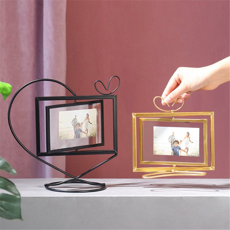 Geometric Golden Metal Photo Frame Desktop Heart Picture Frames for Portraits and Landscape Photo Rotating Photo Frame