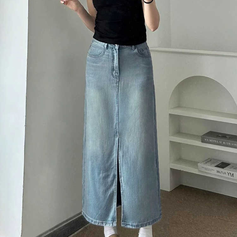 S -3xl denim nederdele kvinder sommer tynde højtaljede slidser mellemlange a-linje wrap hofter nederdel damejeankjoler street wear