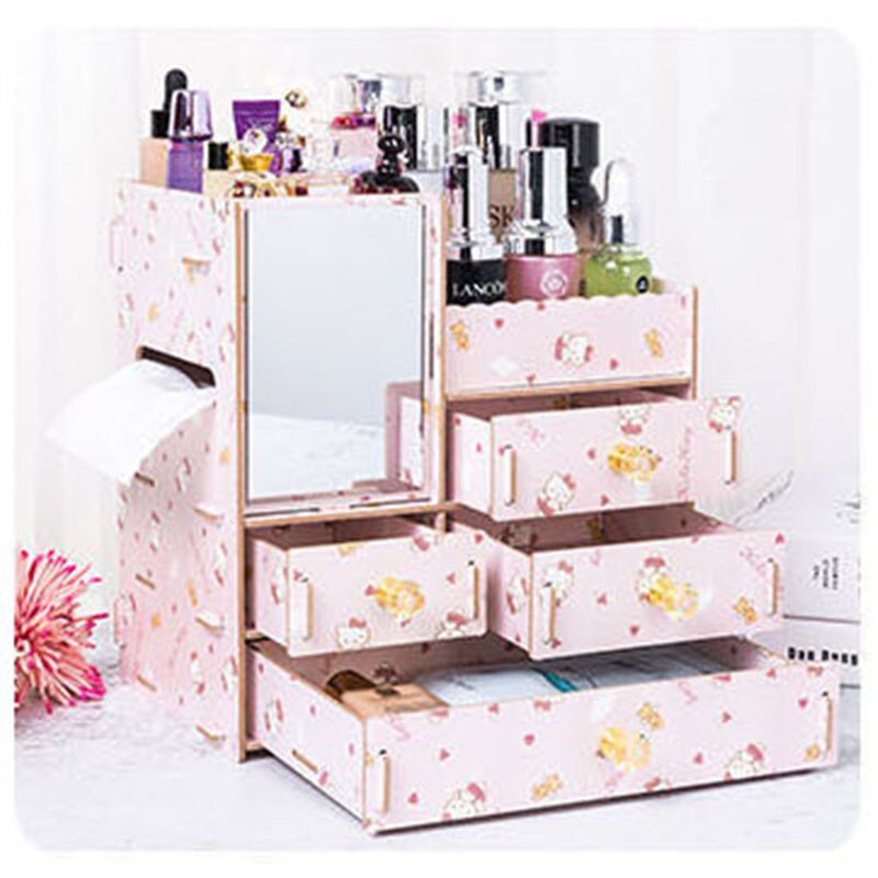 Organizador de maquillaje de madera con espejo, cajón de escritorio, organizador de cosméticos para mujer, tocador, lápiz labial, Perfume, caja de almacenamiento de joyería: Cartoon cat