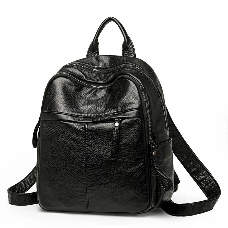 Gewassen leren rugzak met grote capaciteit Dames schoudertas Waterdichte en zachte reisrugzak Moeder Grote PU Mochilas Feminina: Black