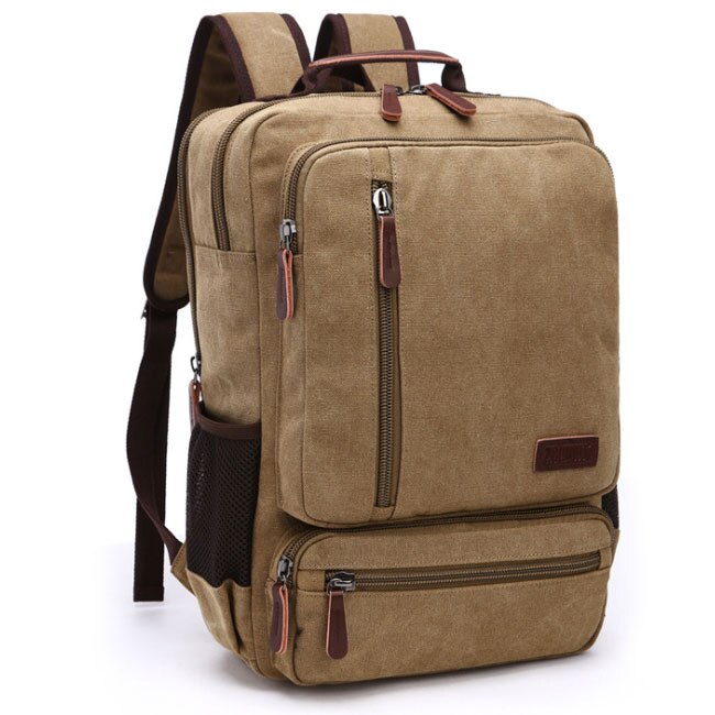 Vintage Canvas Backpack - 20-35L - Laptop Compartment - School Travel - Unisex: Khaki