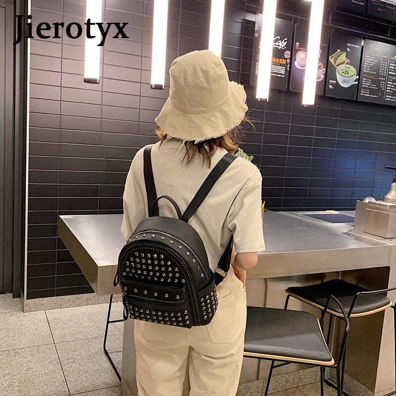 JIEROTYX Neue Preppy Freizeit Rucksack Frauen lässig Daypacks Frauen Soild Reißverschluss Niet Schulter Taschen Soild