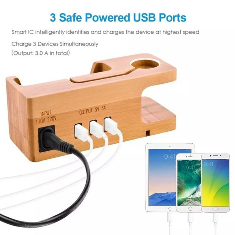 3-Hafen Usb Ladegerät Für Apfel Uhr & Telefon Organizer Stehen, Wiege Halfter, 15W 3A Schreibtisch Bambus Holz Ladestation Für Iwatc