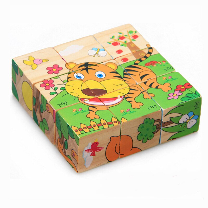 Wooden Cartoon Animal Puzzle Toys 6 Sides Wisdom Jigsaw Early Education Learning Toys For Children Game 9pcs Single 3D Puzzle: Forest animals