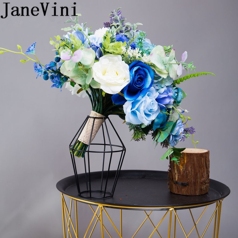 JaneVini Royal Blue Bride Bouquet Artificial Rose Wedding Flowers Bridal Bouquets Bridesmaid Photography Brooch Flores Boda