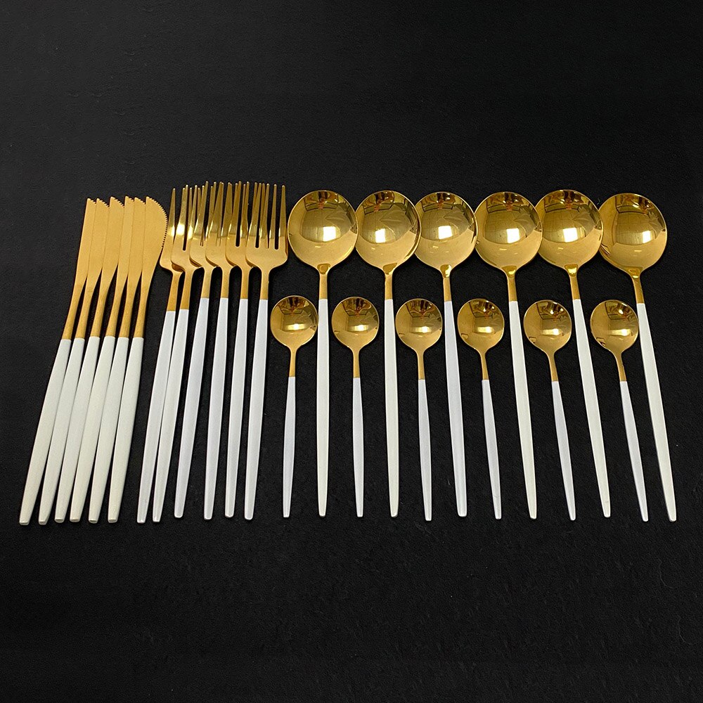Explosion24Pcs Bunte Geschirr Set Edelstahl Besteck Set Küche Spiegel Gold Geschirr Set Messer Gabel Löffel Geschirr: White Gold