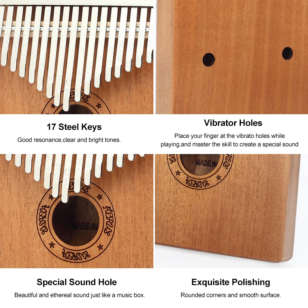 Kalimba 17 Klawiszy Drewno Lity instrument Muzyczny z Książką i Torbą