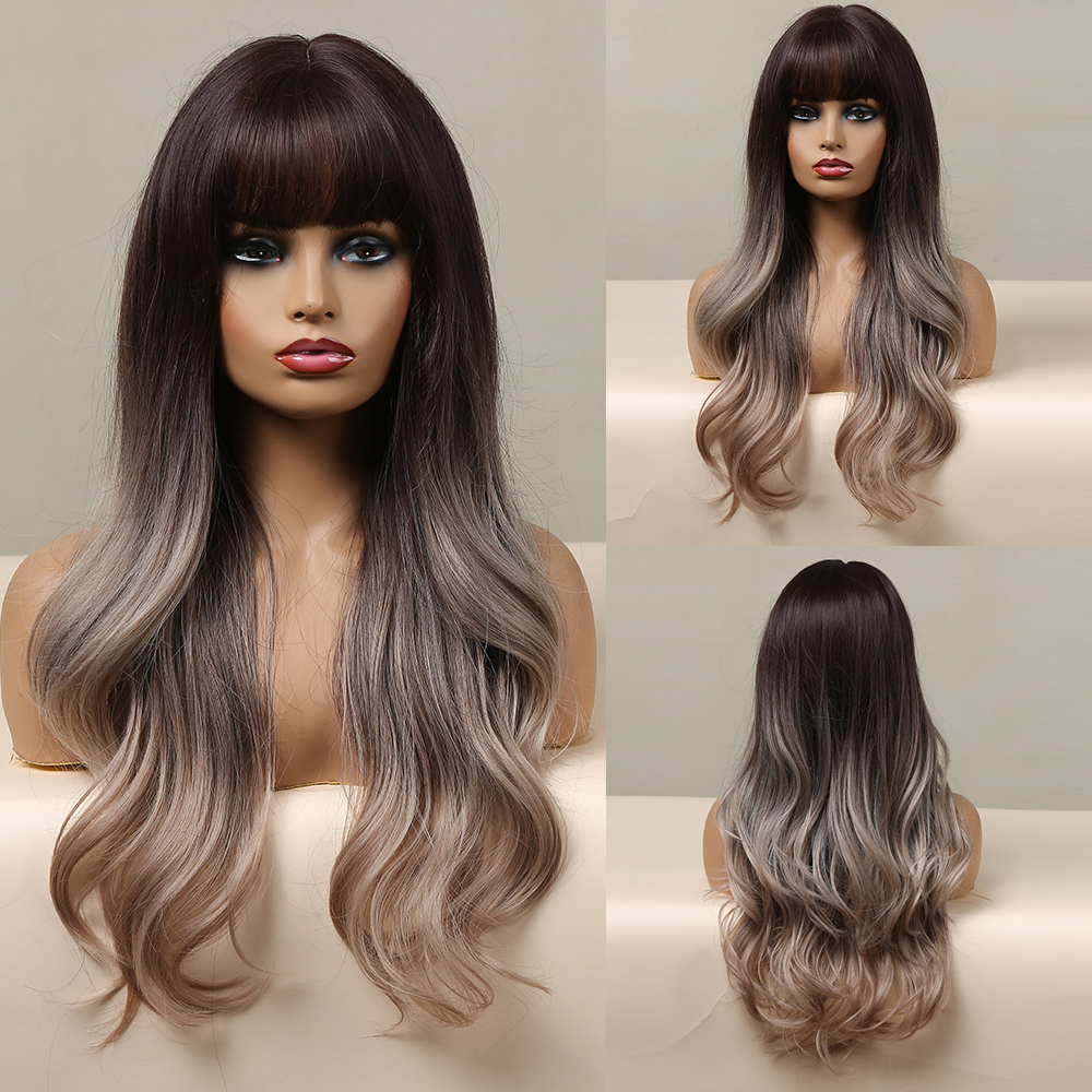Alan eaton lang naturlig bølge parykk for kvinner ombre svart brun gylden blond syntetisk parykk med pannelugg cosplay varmebestandig hår