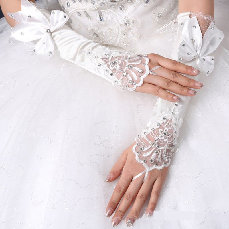 Las mujeres de novia largo guantes Fingerless guantes de encaje Floral manoplas Patchwork brillo Rhinestone Bowknot grande longitud gancho dedo