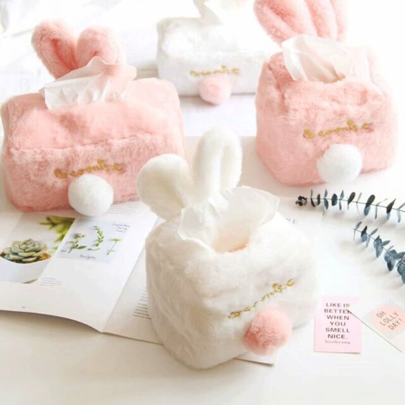 Holdbar rom plysj bil firkantet silkeskuff papirholder etui deksel serviett kawaii rosa hvit
