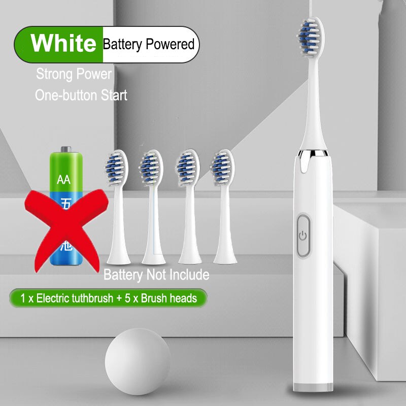 Electric Toothbrush Battery Power Washable Whitening Relax Teeth Brush Ultrasonic Electric Toothbruth USB Rechargeable Adult: White 5 head