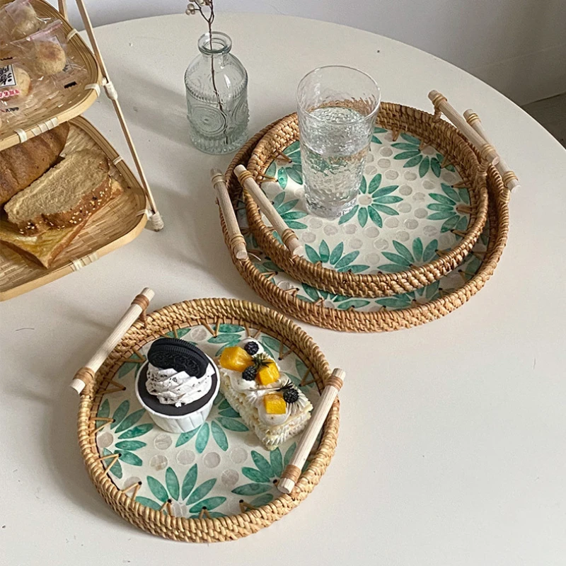 Bandejas para servir comida, bandeja para aperitivos, té de la tarde, platos para postre, ratán, fruta, plato seco, plato para dulces, pastel, hogar