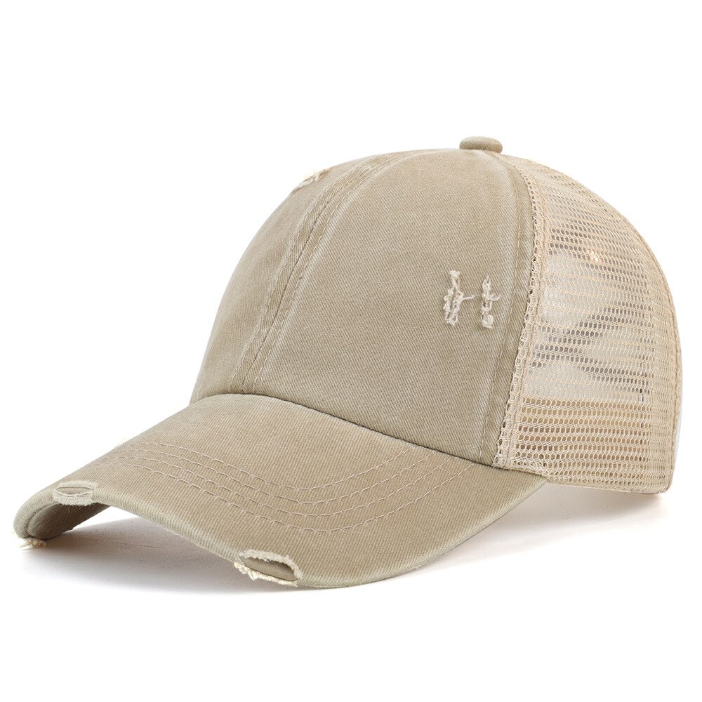 Nuovo sacchetto della Lavata delle Donne Cap Casquette Lavagna Luminosa Retrò Coda di Cavallo Berretto Da Baseball In Cotone Imbottito Cap Strappato Foro Trasversale di Cap: Khaki 1