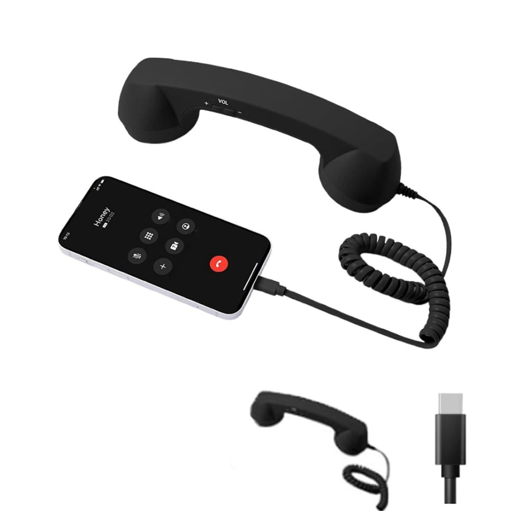 with Microphone Phone Handset Telephone Style Type-C Landline Handle Receiver Tangle Free Wire Handheld Cell Phone Receiver: WHITE