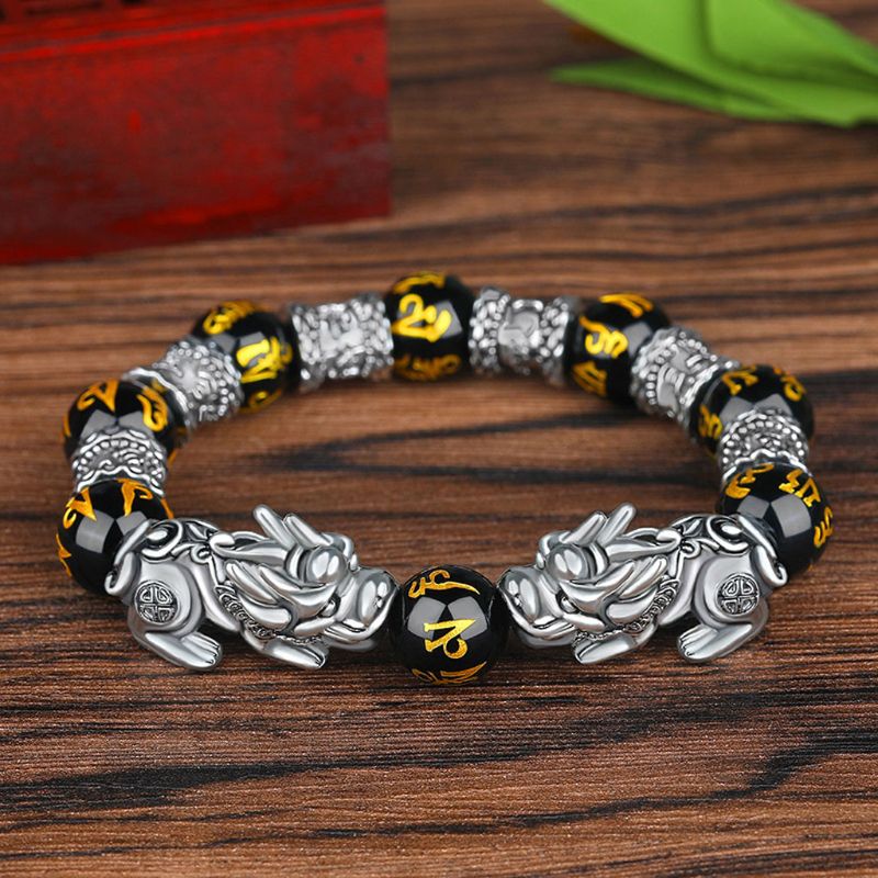 Mannen Zwart Obsidiaan Steen Boeddhisme Zes Woorden Legendarische Bixie Bead Armband Trekken Lucky Wealth Amulet Sieraden: 2