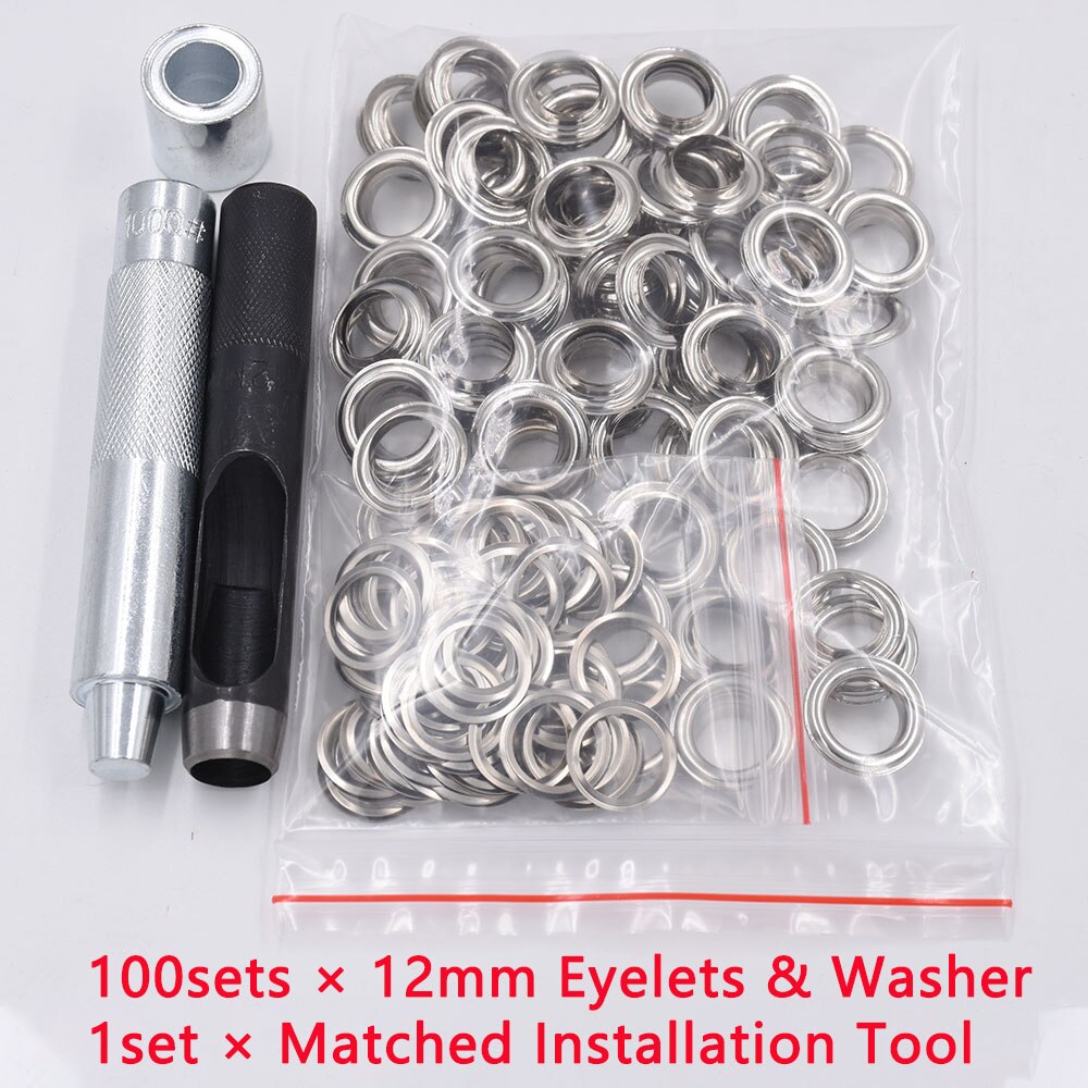 100 sæt indvendig diameter 3.5mm-17m øjer & skiver med matchende stans & hammerpind metal fastgør installationsværktøjssæt manuelt: 12mm