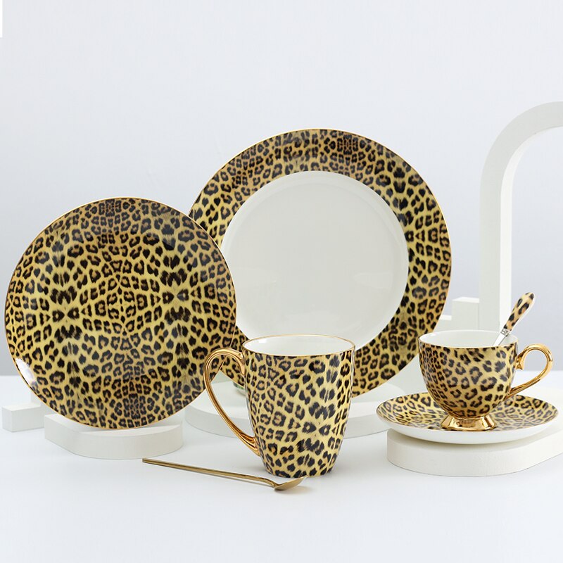 Porzellan Kaffee Tasse und Kaffee Tasse Erzähler einstellen Knochen China Geschirr Getränk Leopard drucken Luxus Steak Geschirr